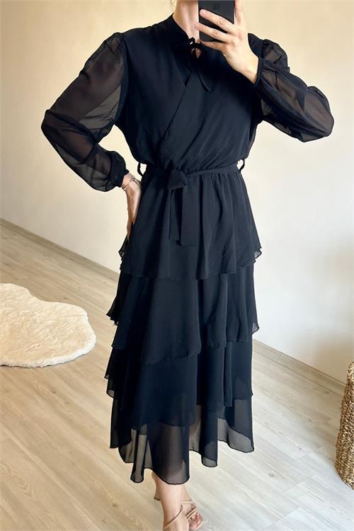 Dipmoda kadın kat kat volanlı kuşaklı midi şifon elbise NM004