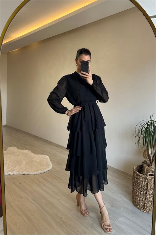 Dipmoda kadın kat kat volanlı kuşaklı midi şifon elbise NM004