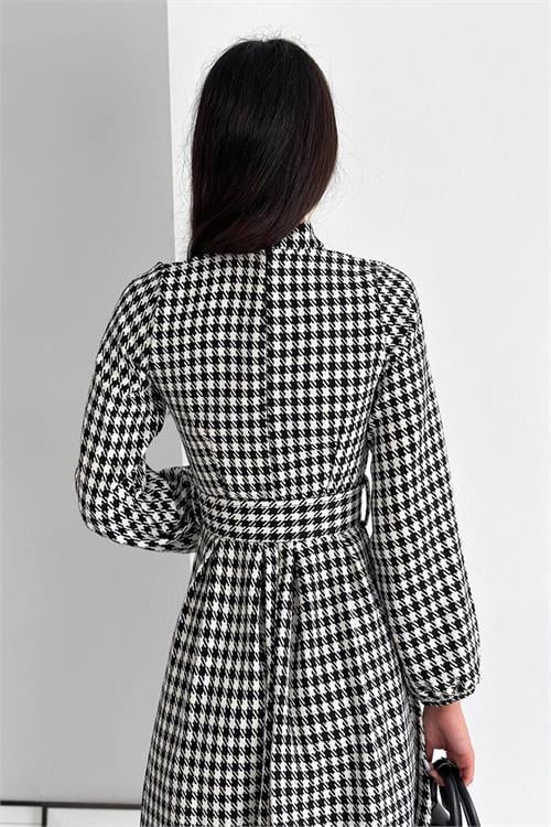 Dipmoda kadın kazayağı desenli kemerli midi elbise KKLF39 