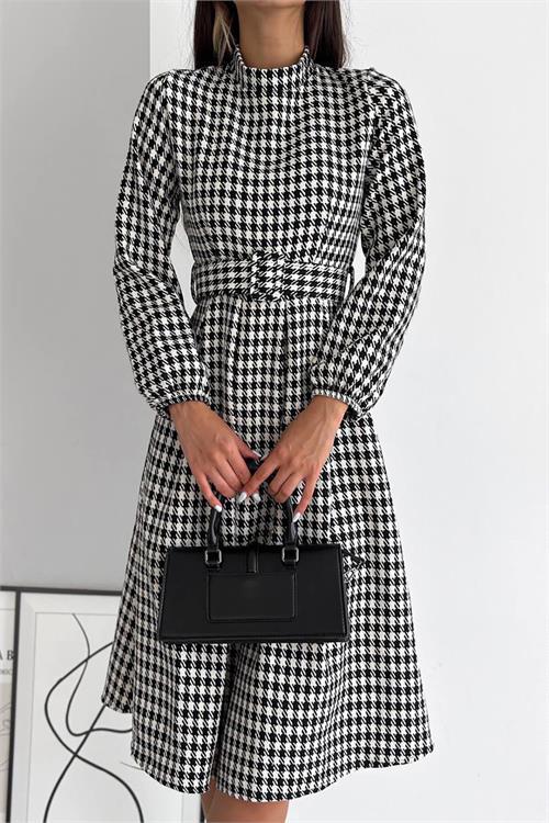 Dipmoda kadın kazayağı desenli kemerli midi elbise KKLF39 