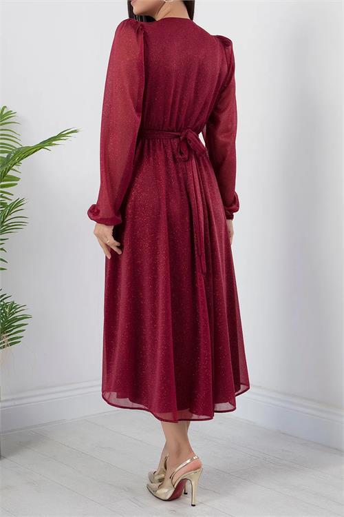 Dipmoda kadın kemer ve vatka detaylı simli midi elbise RYMY3590