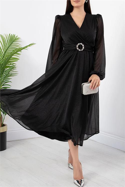 Dipmoda kadın kemer ve vatka detaylı simli midi elbise RYMY3590