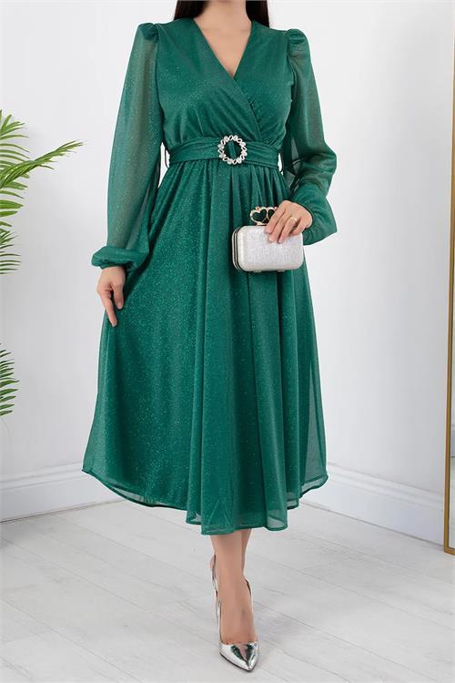 Dipmoda kadın kemer ve vatka detaylı simli midi elbise RYMY3590