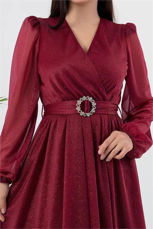 Dipmoda kadın kemer ve vatka detaylı simli midi elbise RYMY3590