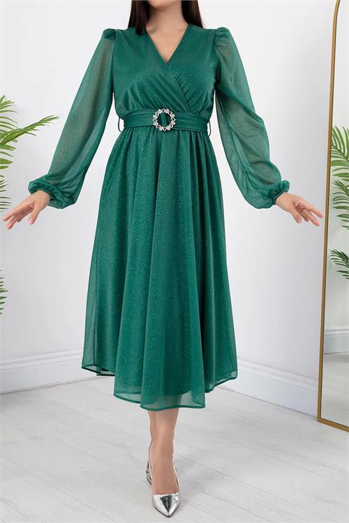 Dipmoda kadın kemer ve vatka detaylı simli midi elbise RYMY3590