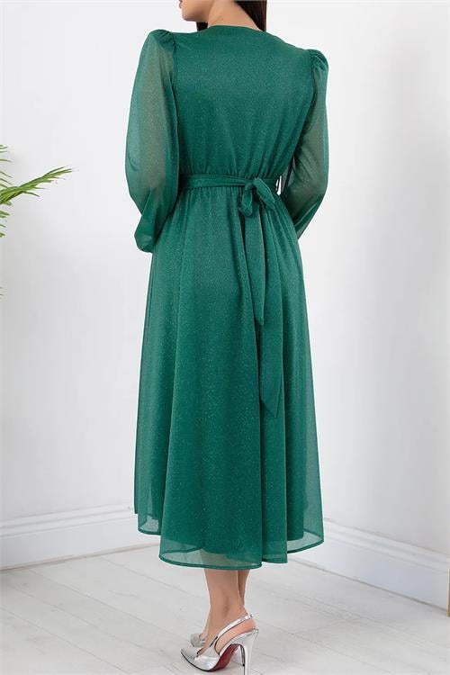 Dipmoda kadın kemer ve vatka detaylı simli midi elbise RYMY3590