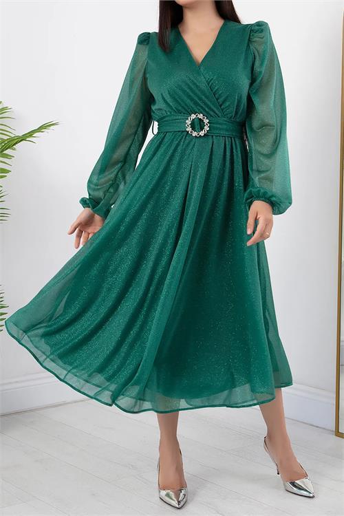 Dipmoda kadın kemer ve vatka detaylı simli midi elbise RYMY3590