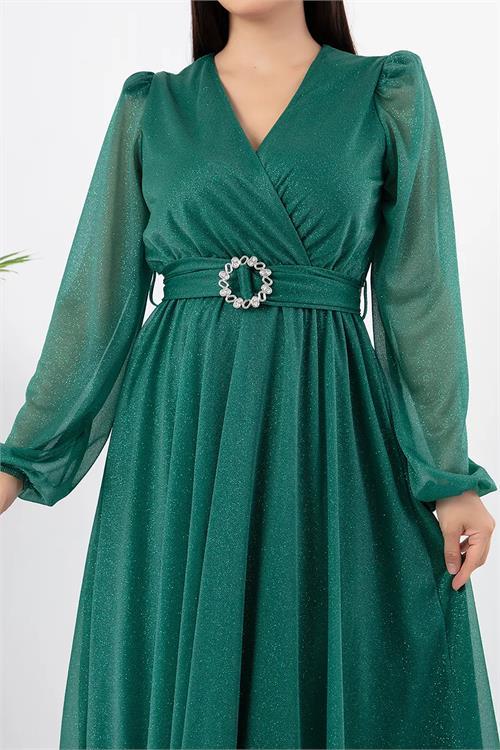 Dipmoda kadın kemer ve vatka detaylı simli midi elbise RYMY3590