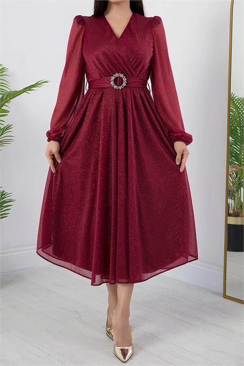 Dipmoda kadın kemer ve vatka detaylı simli midi elbise RYMY3590