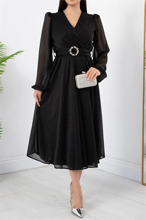 Dipmoda kadın kemer ve vatka detaylı simli midi elbise RYMY3590