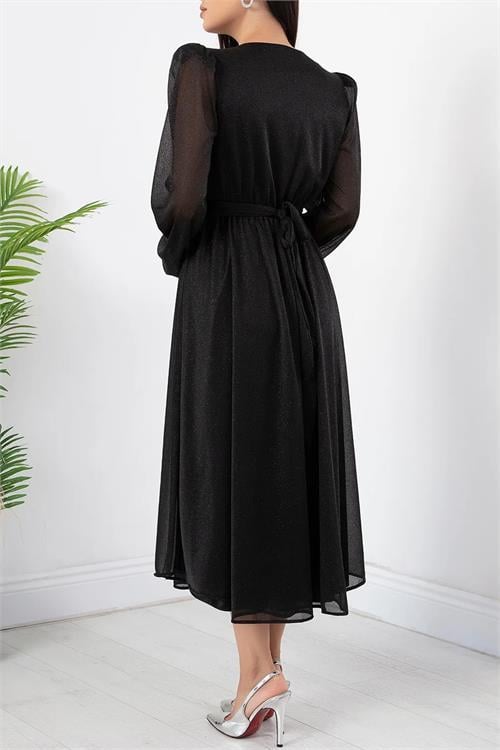 Dipmoda kadın kemer ve vatka detaylı simli midi elbise RYMY3590