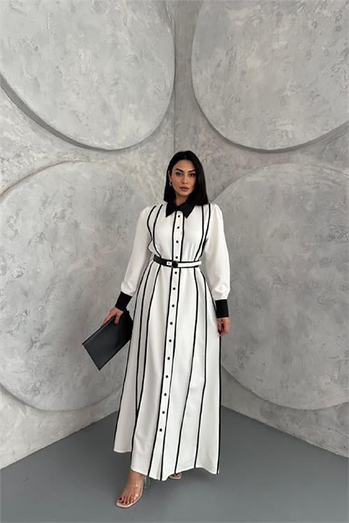 Dipmoda kadın kemerli çizgi detaylı uzun gömlek elbise DPMS42166