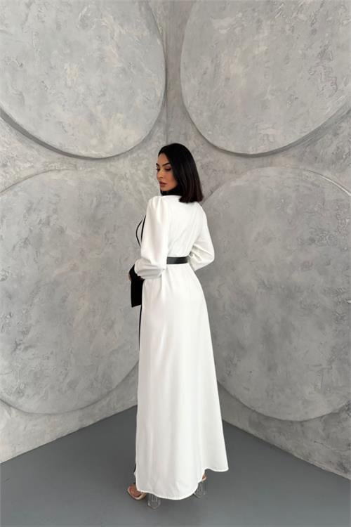 Dipmoda kadın kemerli çizgi detaylı uzun gömlek elbise DPMS42166