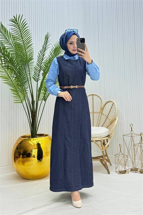 Dipmoda kadın kemerli denim jile gömlek tesettür takım NMS073