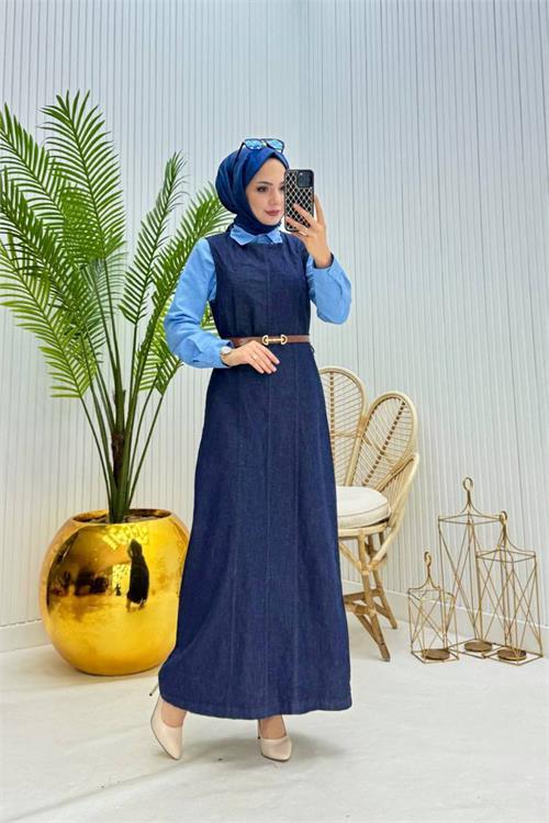Dipmoda kadın kemerli denim jile gömlek tesettür takım NMS073