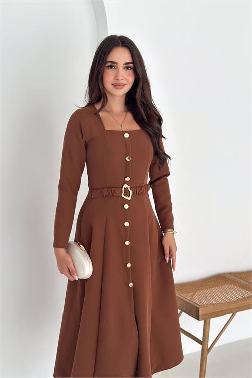 Dipmoda kadın kemerli düğme detaylı kare yaka örme elbise DPK4314