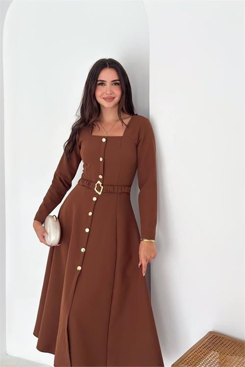 Dipmoda kadın kemerli düğme detaylı kare yaka örme elbise DPK4314