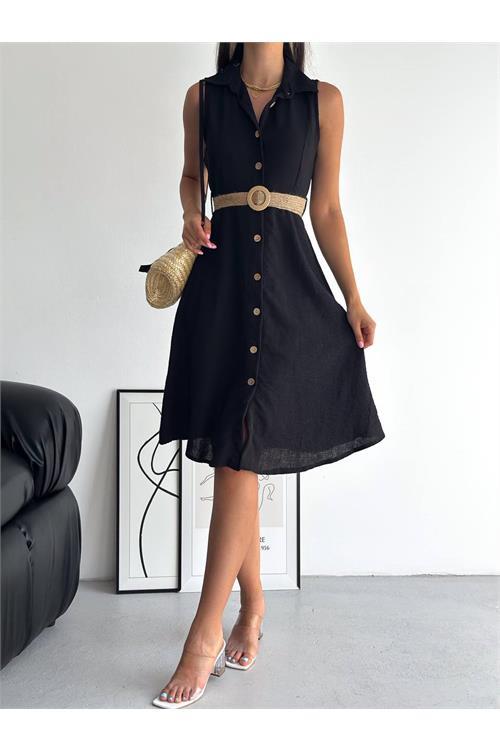 Dipmoda kadın kemerli düğme detaylı keten elbise KKLF17 - Siyah 