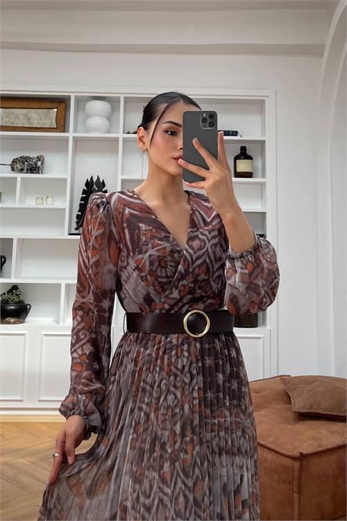 Dipmoda kadın kemerli eteği piliseli şifon elbise DPNBMY3286