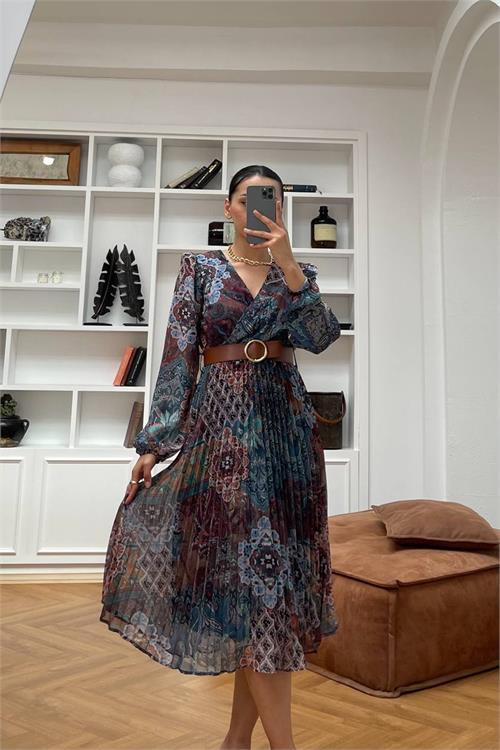 Dipmoda kadın kemerli eteği piliseli şifon elbise DPNBMY3286