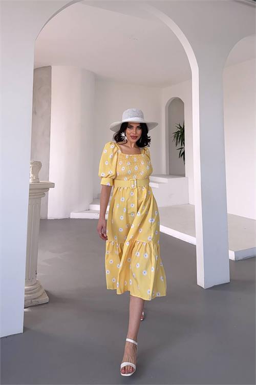 Dipmoda kadın kemerli kare yaka çiçekli midi boy elbise DPKS4104