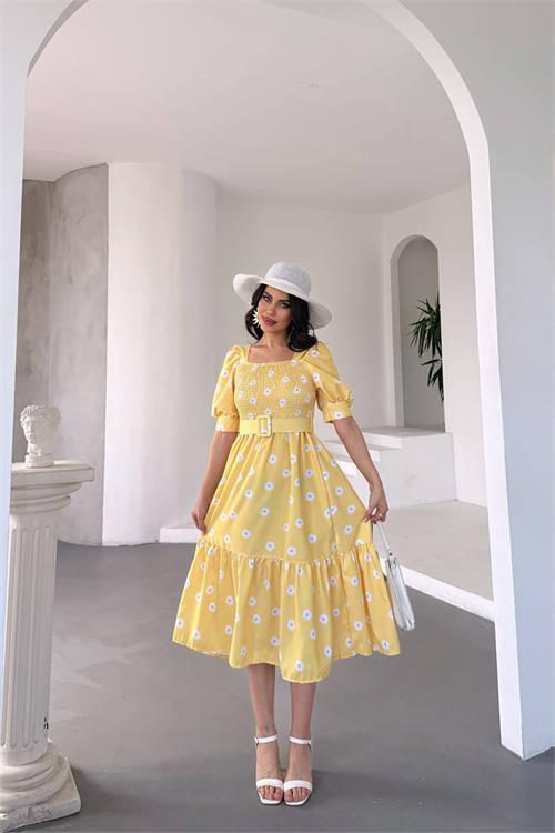 Dipmoda kadın kemerli kare yaka çiçekli midi boy elbise DPKS4104