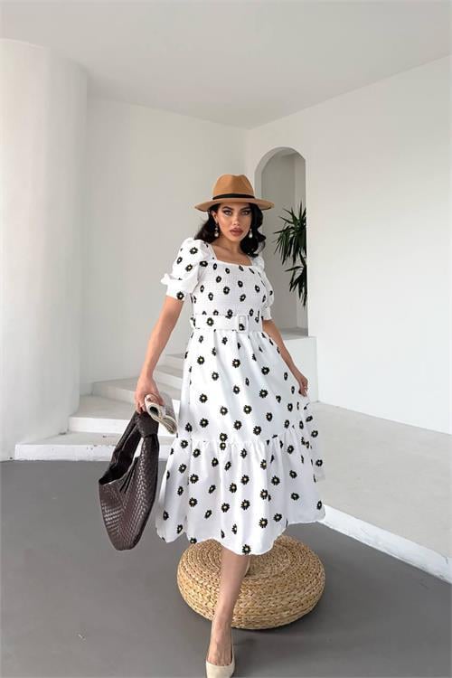 Dipmoda kadın kemerli kare yaka çiçekli midi boy elbise DPKS4104