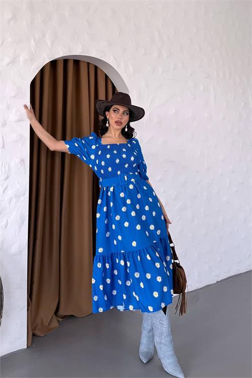 Dipmoda kadın kemerli kare yaka çiçekli midi boy elbise DPKS4104