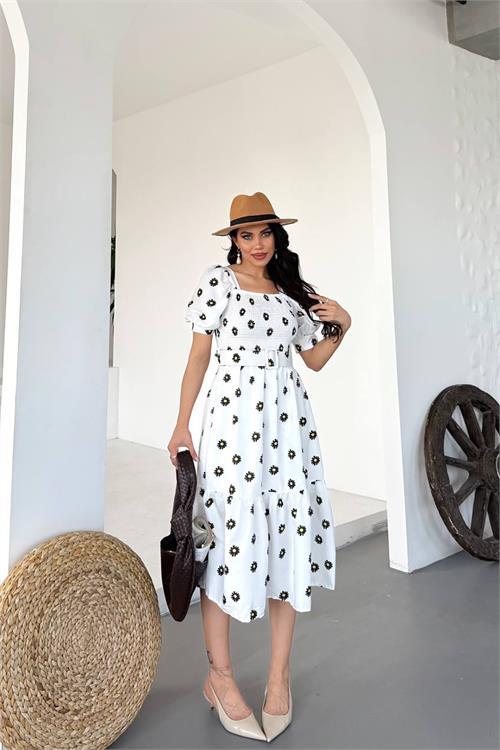 Dipmoda kadın kemerli kare yaka çiçekli midi boy elbise DPKS4104