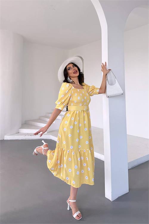 Dipmoda kadın kemerli kare yaka çiçekli midi boy elbise DPKS4104