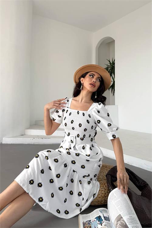 Dipmoda kadın kemerli kare yaka çiçekli midi boy elbise DPKS4104