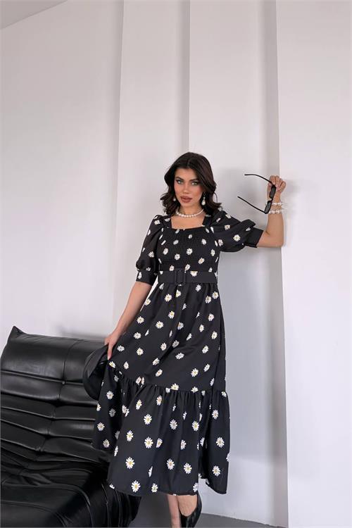 Dipmoda kadın kemerli kare yaka çiçekli midi boy elbise DPKS4104