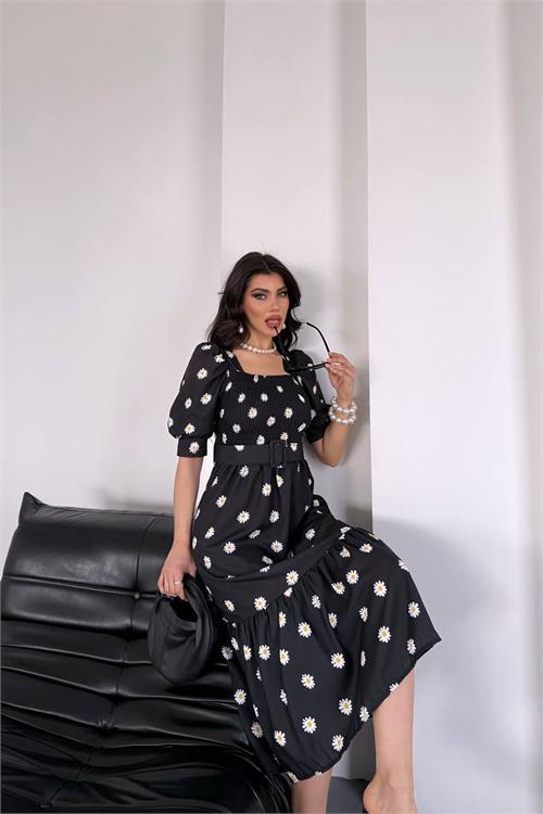 Dipmoda kadın kemerli kare yaka çiçekli midi boy elbise DPKS4104