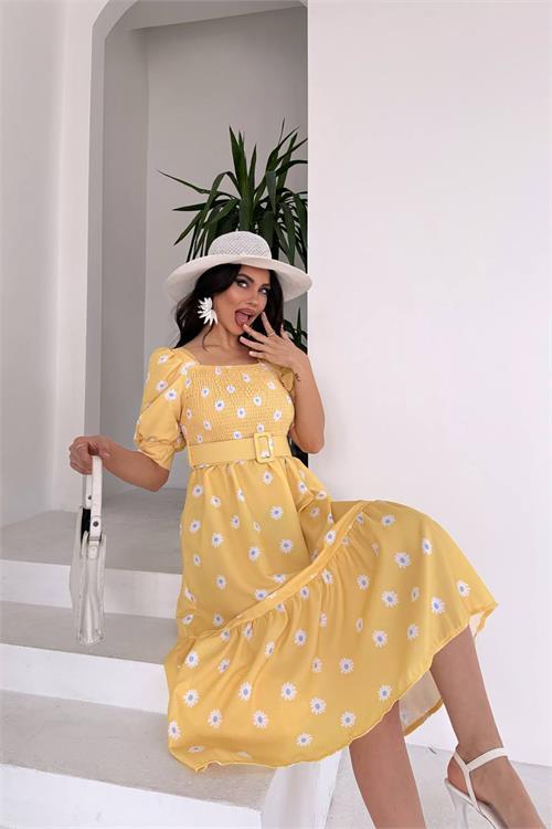 Dipmoda kadın kemerli kare yaka çiçekli midi boy elbise DPKS4104