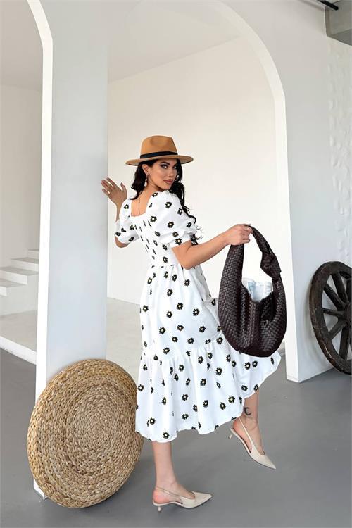 Dipmoda kadın kemerli kare yaka çiçekli midi boy elbise DPKS4104