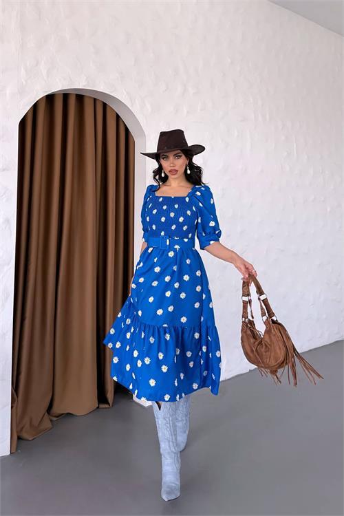 Dipmoda kadın kemerli kare yaka çiçekli midi boy elbise DPKS4104