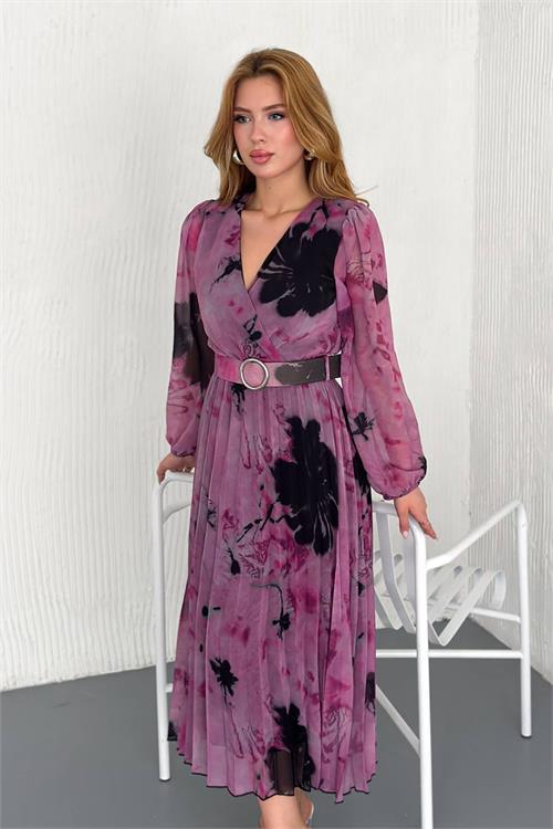 Dipmoda kadın kemerli kruvaze yaka desenli şifon elbise DPNBK20302