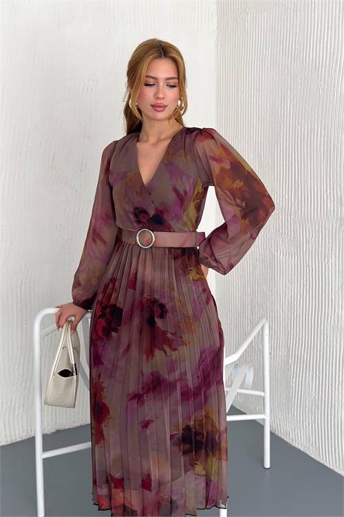 Dipmoda kadın kemerli kruvaze yaka desenli şifon elbise DPNBK20302