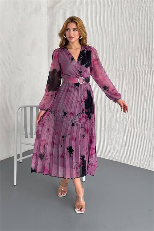 Dipmoda kadın kemerli kruvaze yaka desenli şifon elbise DPNBK20302