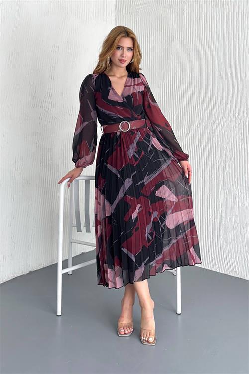 Dipmoda kadın kemerli kruvaze yaka desenli şifon elbise DPNBK20302