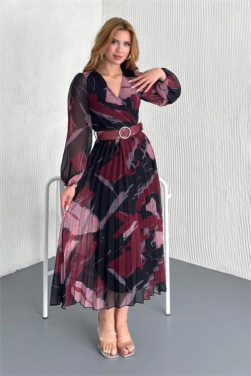 Dipmoda kadın kemerli kruvaze yaka desenli şifon elbise DPNBK20302