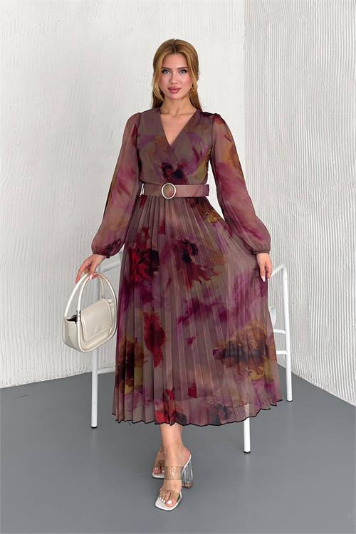 Dipmoda kadın kemerli kruvaze yaka desenli şifon elbise DPNBK20302