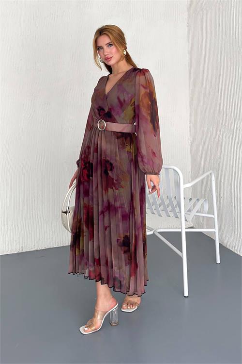 Dipmoda kadın kemerli kruvaze yaka desenli şifon elbise DPNBK20302