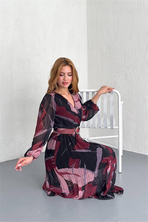 Dipmoda kadın kemerli kruvaze yaka desenli şifon elbise DPNBK20302