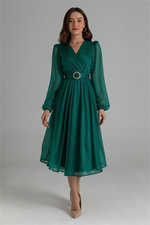 Dipmoda kadın kemerli kruvaze yaka simli gece elbisesi DPNBMY3590