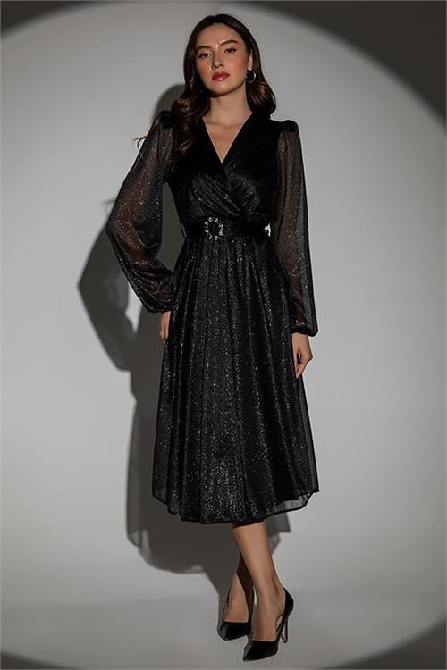 Dipmoda kadın kemerli kruvaze yaka simli gece elbisesi DPNBMY3590