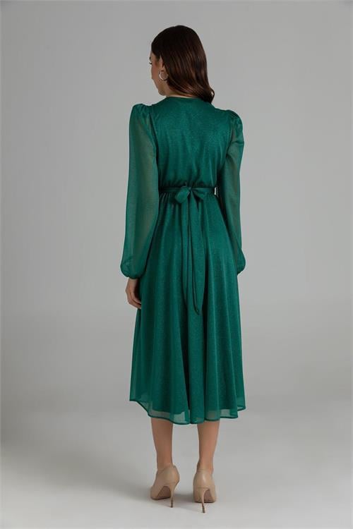 Dipmoda kadın kemerli kruvaze yaka simli gece elbisesi DPNBMY3590