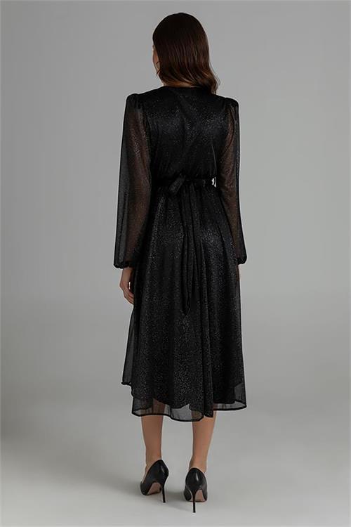 Dipmoda kadın kemerli kruvaze yaka simli gece elbisesi DPNBMY3590