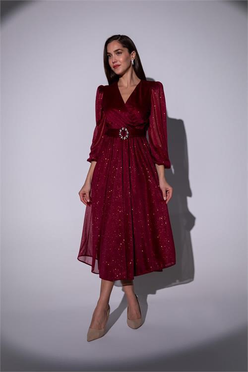 Dipmoda kadın kemerli kruvaze yaka simli gece elbisesi DPNBMY3590