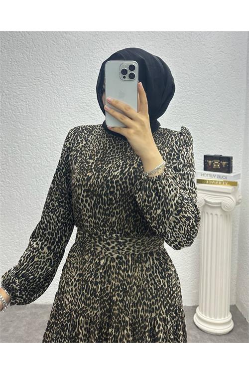 Dipmoda kadın kemerli leopar desenli tesettür elbise NMS006 